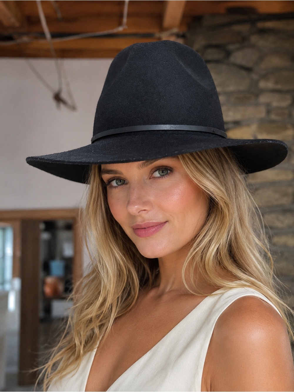 Brixton Black Wide-Brim Wool Fedora with Slim Band